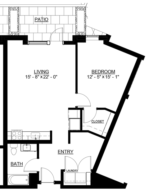 Floor plan for 1 bed, 1 bath, 797 sqft